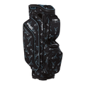 The PING 2026 Pioneer 244 Cart Bag in Mr PING Black/Blue features a 15-way top, multiple zippered pockets, and a repeating pattern of outlined golfer silhouettes in white and blue.
