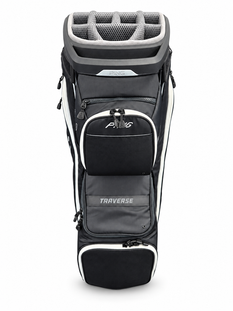 PING Traverse 244 cart golf bag in Black/Lunar/White, front view showing tiered pockets on a white background