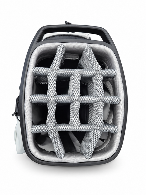 PING Traverse 244 cart golf bag in Black/Lunar/White, top view showing 14-way divider on a white background