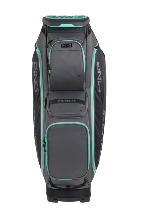 PING Traverse 244 Cart Golf Bag | Iron/Black/Aqua, front view