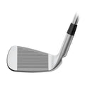 A close-up of the PING ChipR steel shaft wedge highlighting its grooved face and metallic finish, with the shaft visible against a white background