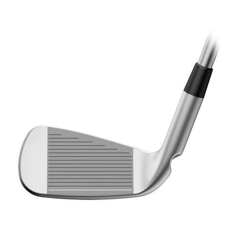 A close-up of the PING ChipR steel shaft wedge highlighting its grooved face and metallic finish, with the shaft visible against a white background