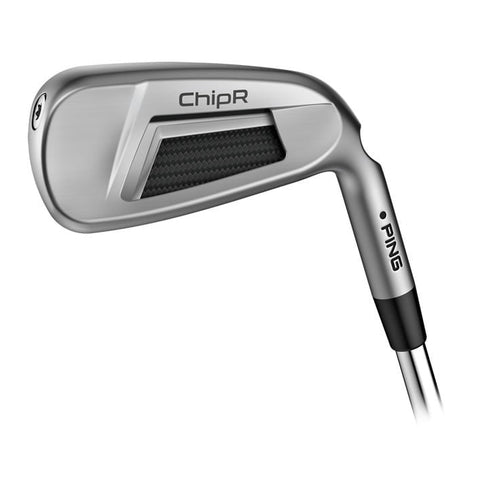 The Ping PING ChipR - Steel Shaft, a silver hybrid wedge with a black textured head section, is crafted to elevate your short game and is shown against a white background.