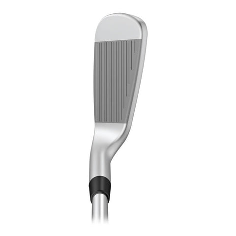 A close-up of the PING ChipR steel shaft wedge, highlighting its grooved wedge face and partial shaft against a white background