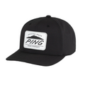 The PING Camelback Patch Cap by Ping is a black, flat-brim golf cap with a white Arizona Made PING Golf Company patch on the front and moisture-wicking fabric for all-day comfort.