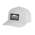 Stay cool and dry in the PING Camelback Patch Cap by Ping—a light gray, flat-brim golf cap with a black patch reading Arizona Made PING Golf Company in white. Features moisture-wicking fabric for comfort on the course.