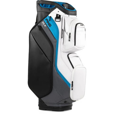 The Ping DLX 244 Cart Golf Bag offers black, white, blue, and gray panels, multiple zippered pockets, and a sturdy base—ideal for organizing clubs and accessories. A premium choice for golf bag NZ enthusiasts.