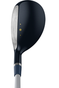 A close-up of the Ping G Le3 Women's Hybrid shows its forgiving face technology, dark blue crown with two gold alignment dots, and a sleek silver-blue shaft.