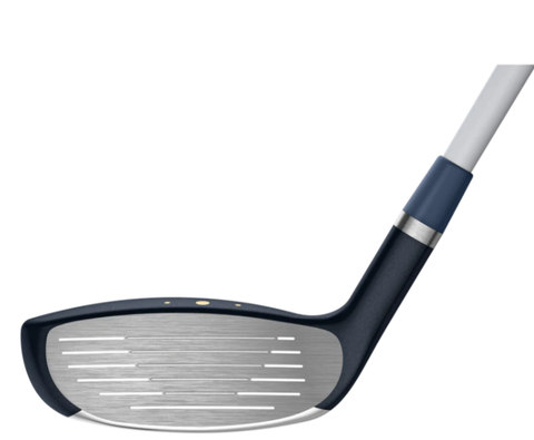 A close-up of the PING G Le3 Women's Hybrid by Ping highlights its grooved metallic face and forgiving technology, paired with a dark blue and silver shaft against a plain white background.
