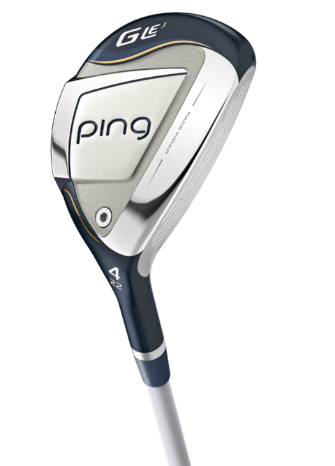 A close-up of the PING G Le3 Women's Hybrid golf club by Ping, highlighting its silver, navy, and white head with the Ping logo and advanced forgiving face technology.