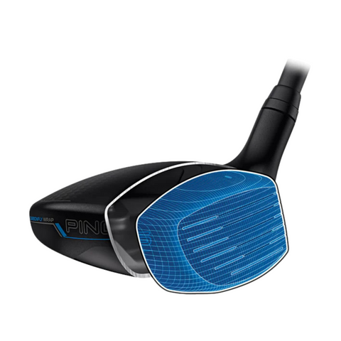 A black Ping G440 Hybrid golf club head features a blue digital overlay highlighting the clubface design, grooves, and grid for improved forgiveness and easy launch.