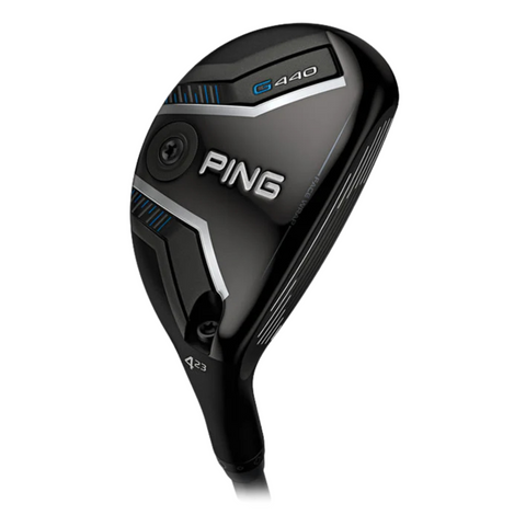 The PING G440 Hybrid by Ping is a black golf club head with silver and blue accents, featuring the model name G 440 and marked 4 23°