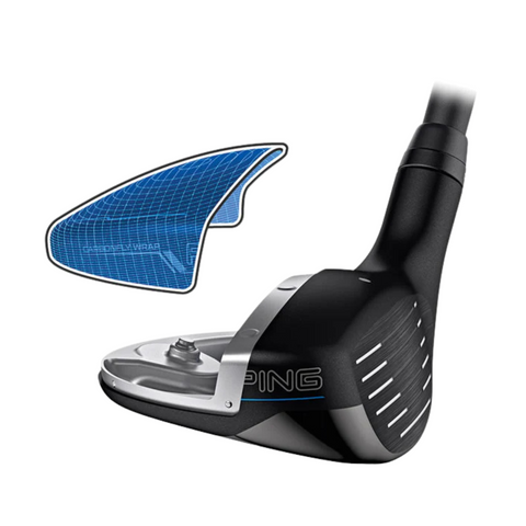 A close-up of the Ping G440 Hybrid golf club head in black, showcasing its metallic face and blue wireframe overlay that highlights internal design features for enhanced forgiveness and easy launch.