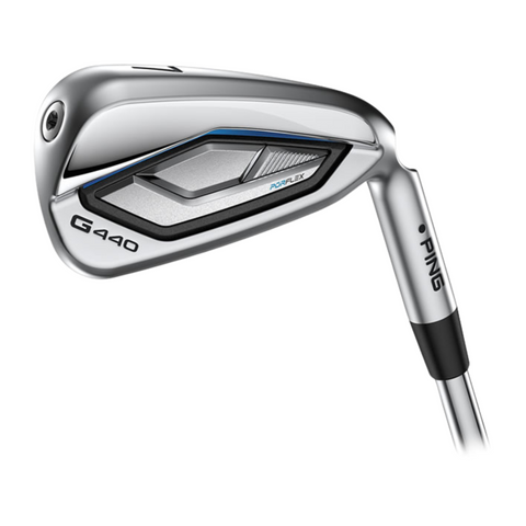 A close-up of the Ping G440 Irons Set (Graphite Shaft, 6-PW + UW) shows its sleek silver club head with black, blue, and gray accents, featuring G440 and Ping branding clearly visible on both the head and shaft.