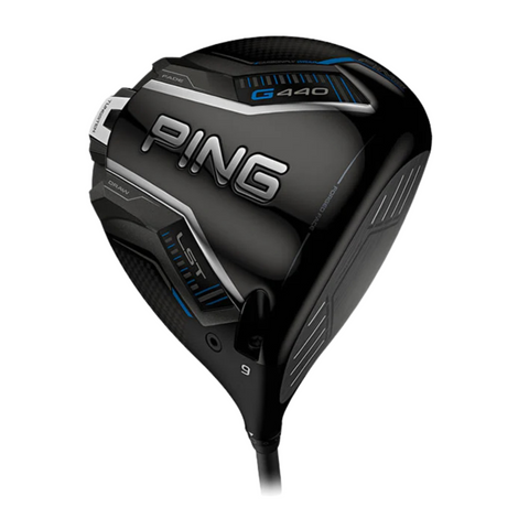 The PING G440 LST Driver by Ping features a black clubhead with silver and blue accents, “LST” and “9” markings, the Ping logo, and visible weight adjustment for low spin and maximum distance.