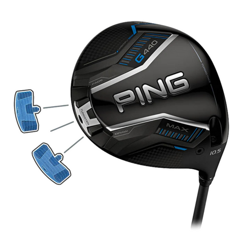A black Ping G440 LST driver features close-up adjustable weights displayed beside the head, highlighting customization options for golfers seeking maximum distance.