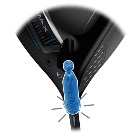 Close-up of a Ping G440 LST Driver club head with a highlighted blue digital rendering of its adjustable hosel, illustrating rotation for tuning into a low-spin driver to maximize your distance.
