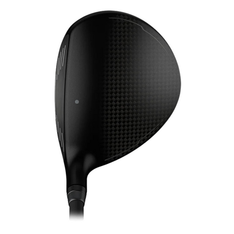 A close-up of the matte black Ping G440 Max Fairway Wood shows its subtle carbon fiber pattern and a white alignment dot, highlighting this forgiving fairway wood’s high MOI design.