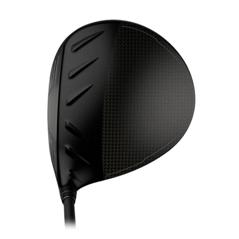Close-up of the Ping G440 Max Driver head in black with a textured finish and aerodynamic grooves, viewed from above.