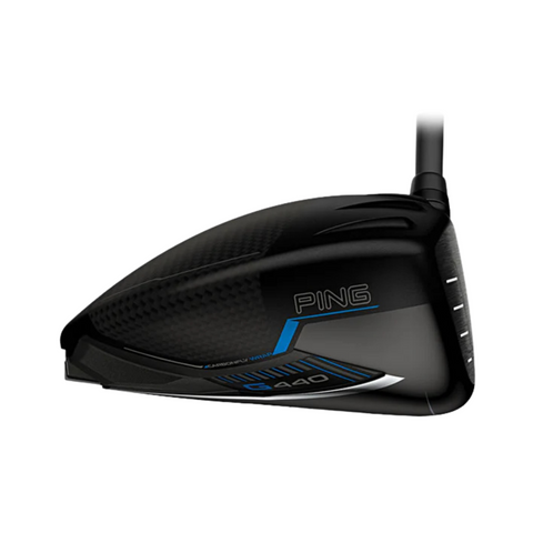 The PING G440 Max Driver by Ping is displayed from a side angle against a white background, featuring a black design with blue and white accents. This aerodynamic driver is engineered for improved stability and greater distance.