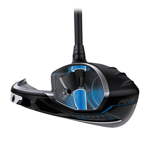 A Ping G440 Max Driver head by Ping shown in cutaway view, exposing the shaft, clubface, and internal support structure of this high MOI driver against a white background.