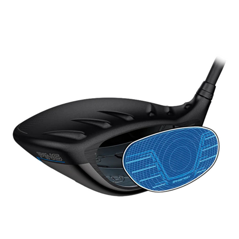 The Ping G440 Max Driver, shown in black with a cutaway head revealing its interior, features a blue digital grid on the clubface highlighting its aerodynamic driver design and advanced technology.