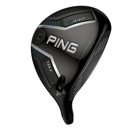 The Ping G440 Max Fairway Wood | Left-Handed, shown in black with silver and blue accents from an angled top view on a white background, is ideal for lefties who value precision and style.