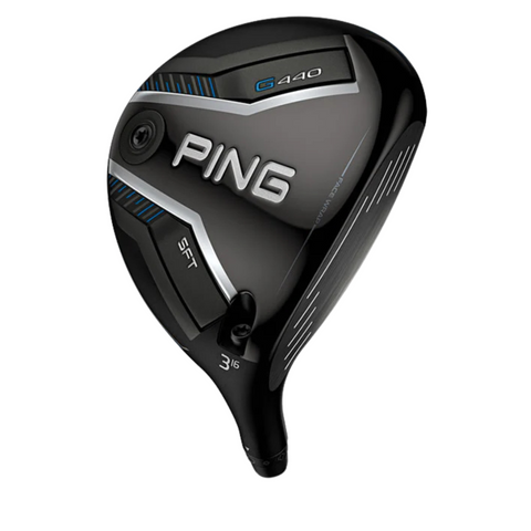 The Ping G440 SFT Fairway Wood features a sleek black and silver design with branding on the clubhead and Straight Flight Technology—making it an ideal choice for slicers.