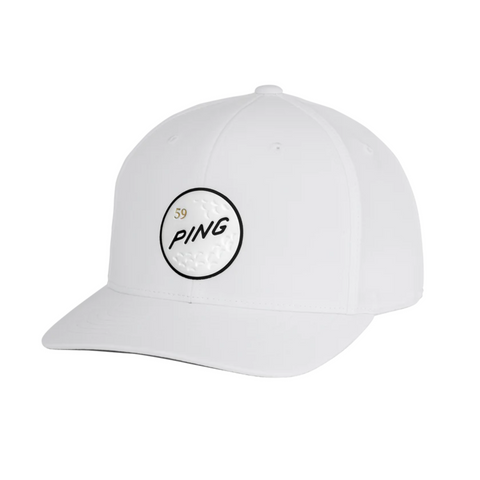 The PING Gutty Cap by Ping is a white, moisture-wicking golf hat featuring a golf ball patch with the number 59 in yellow and “PING” in black on the front—a stylish choice for fans.