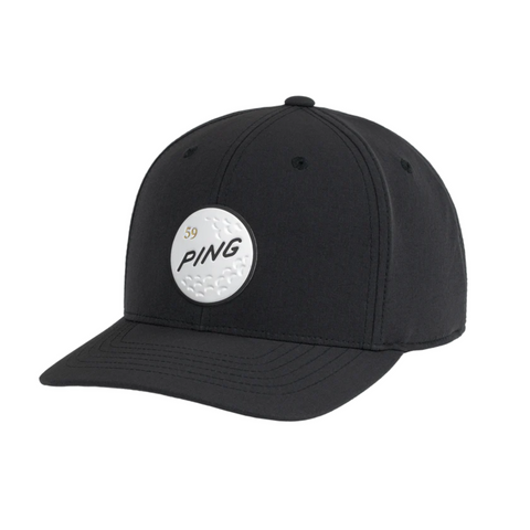 The PING Gutty Cap by Ping is a black golf cap with a white golf ball design and PING 59 embroidered on the front. It features a curved brim, visible stitching, and moisture-wicking fabric for comfort on the course.