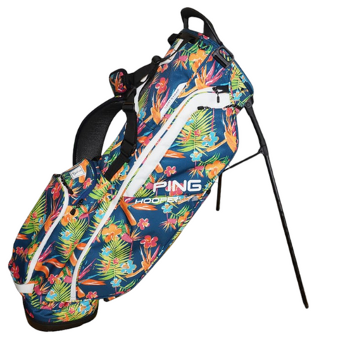 The PING Hoofer Lite 231 Stand Bag | Clubs of Paradise by Ping features a tropical floral pattern, white zippers, and integrated stand—combining island-inspired style with lightweight design for easy carrying on the course.