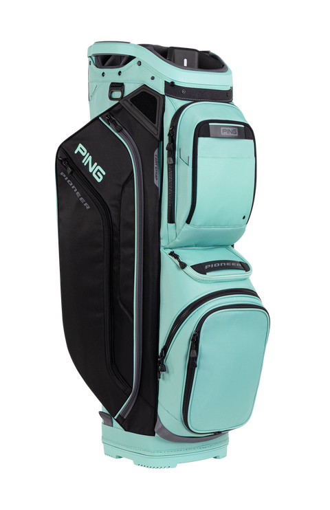 PING Pioneer 244 Aqua/Black/Iron cart golf bag, three-quarter view