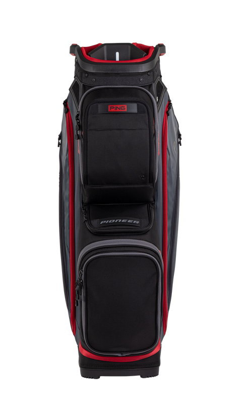 PING Pioneer 244 Black/Iron/Cherry cart golf bag, front view