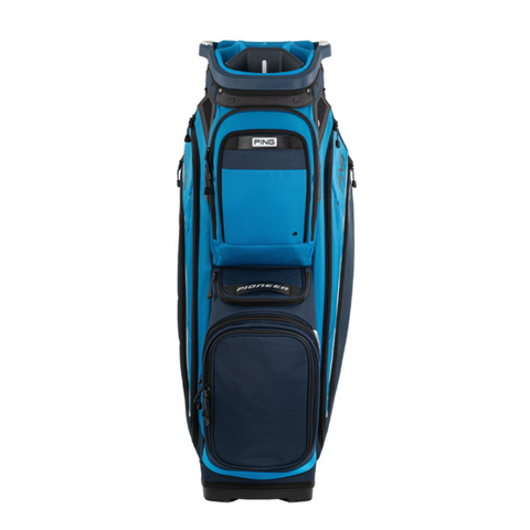 The Ping Pioneer 244 Golf Cart Bag features multiple zippered pockets and compartments. This stylish blue and black bag stands upright, offering New Zealand golfers premium functionality both on and off the course.