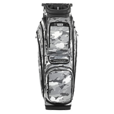 The PING Pioneer 244 Golf Cart Bag by Ping features a white, gray, and black camo design with multiple zippered pockets—ideal for New Zealand golfers seeking both style and functionality.