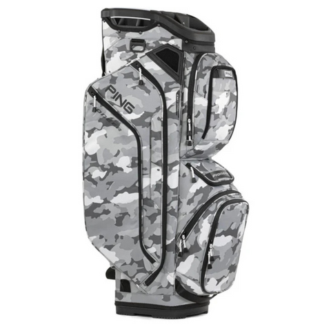 The PING Pioneer 244 Golf Cart Bag by Ping features a gray, white, and black camo design with multiple zippered pockets—an upright, stylish, and functional choice for golfers in New Zealand.
