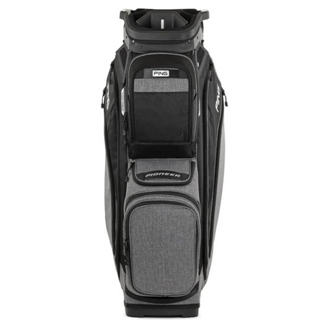 The Ping Pioneer 244 Golf Cart Bag in black and gray features multiple zippered pockets and an organized top for clubs, standing upright—ideal for golf bag New Zealand fans.