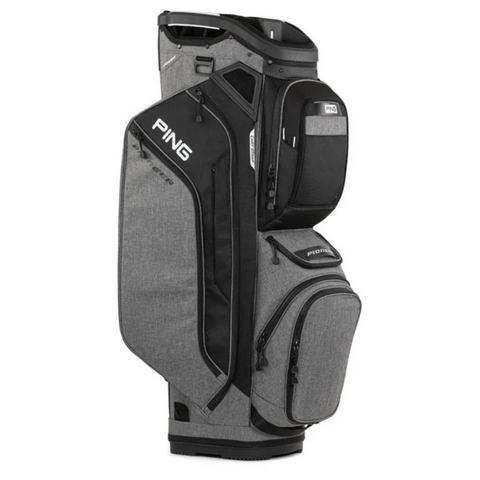The Ping Pioneer 244 Golf Cart Bag in gray and black features multiple zippered compartments and pockets, making it perfect for carrying clubs and accessories—ideal for any golf enthusiast in New Zealand.