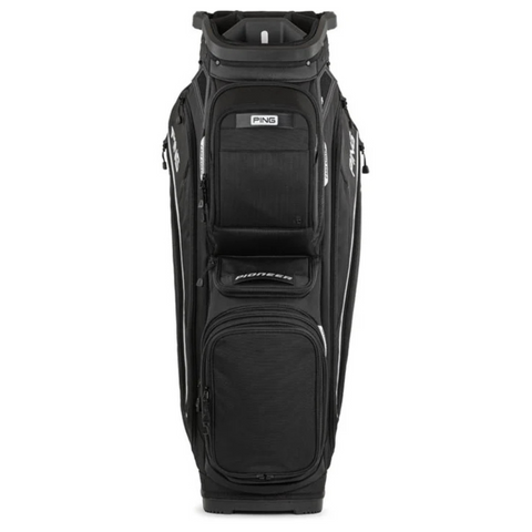 The Ping Pioneer 244 Golf Cart Bag in black is shown upright with multiple zippered pockets and compartments, displaying the Ping and Pioneer 244 labels—a premium choice for golfers in New Zealand.