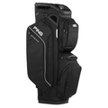 The PING Pioneer 244 Golf Cart Bag by Ping features a modern black design with white branding, multiple zippered pockets, and upright base—ideal for golf enthusiasts in New Zealand seeking style and functionality.