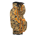 The Ping Traverse 214 Golf Cart Bag features a camouflage pattern, orange accents, multiple zippered pockets, and full-length dividers. The bag stands upright against a white background.