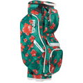 The PING Traverse 214 Golf Cart Bag by Ping features a vibrant green background with bold red hibiscus flowers, multiple zippered pockets, full-length dividers, white accents, and a lightweight cart bag design.