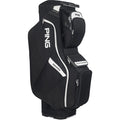 The black Ping Traverse 244 Cart Bag features a lightweight design, 14-way divider top, multiple zippered compartments, a large side pocket labeled "TRAVERSE," and a front pocket labeled "PLUSH COOLER POCKET.