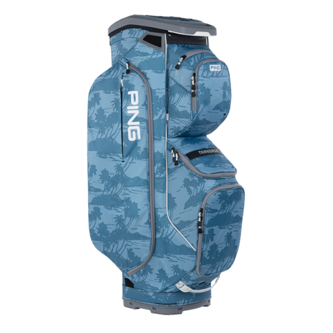 The PING Traverse 244 Cart Bag | Blue Isles features a tropical palm pattern, gray accents, multiple pockets, and a 14-way divider—ideal for your next round.