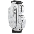 The PING Traverse 244 Cart Bag by Ping in Dancing Mr Ping color features a lightweight design, 14-way divider top, and multiple zippered compartments—ideal for golfers seeking style and function.