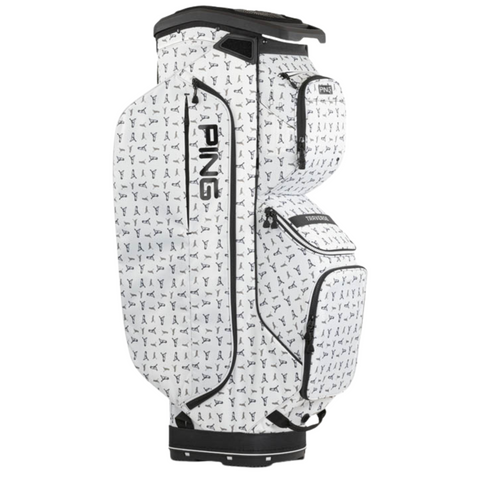 The PING Traverse 244 Cart Bag by Ping in Dancing Mr Ping color features a lightweight design, 14-way divider top, and multiple zippered compartments—ideal for golfers seeking style and function.
