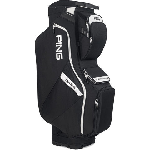 The black Ping Traverse 244 Cart Bag features a lightweight design, 14-way divider top, multiple zippered compartments, a large side pocket labeled "TRAVERSE," and a front pocket labeled "PLUSH COOLER POCKET.