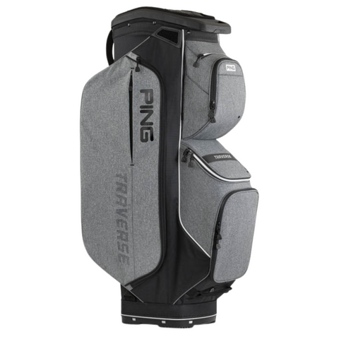 The Ping Traverse 244 Cart Bag in Heather Grey/Black offers a 14-way divider, multiple zippered compartments, and showcases the Ping logo—ideal as a lightweight golf bag for your next round.