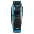 The PING Traverse 244 Cart Bag by Ping stands upright in blue, black, and white, offering a lightweight build, multiple zippered pockets, a 14-way divider top, and features the PING logo on the side and top.