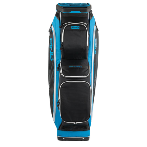 The PING Traverse 244 Cart Bag by Ping stands upright in blue, black, and white, offering a lightweight build, multiple zippered pockets, a 14-way divider top, and features the PING logo on the side and top.